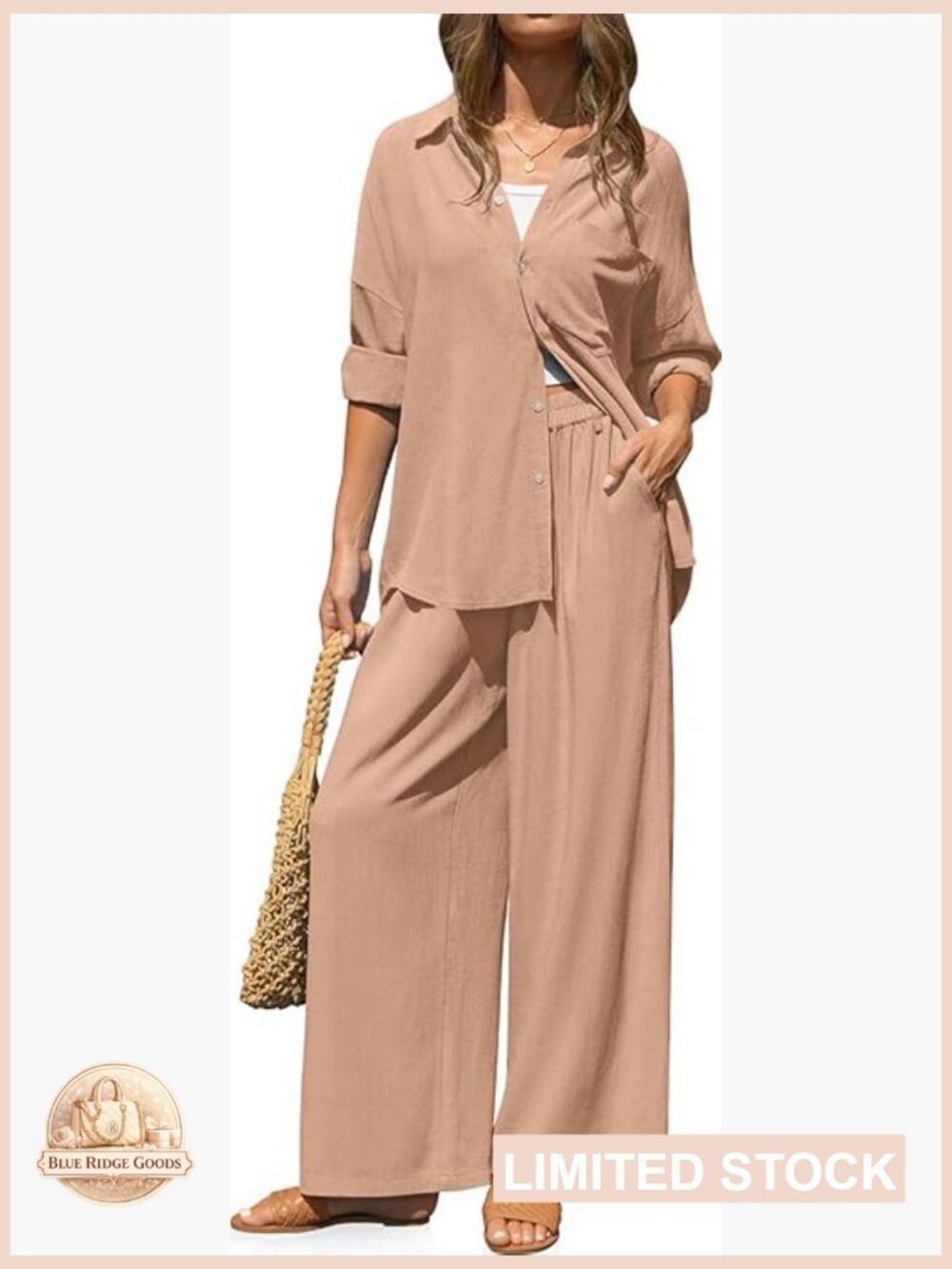 Linen 2 Piece Lounge Set Long Sleeve Button Down Wide Leg Pants Vacation